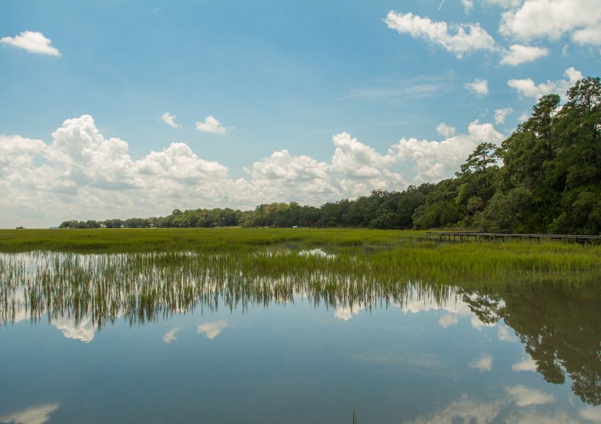 A scenic view of a georgia marsh is pictures, with a blue and cloudy sky reflecting in still water.
